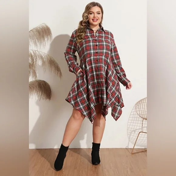 navy blue dress for baby girl Women's Plaid Tie-Front Shirt Dress, Button-Down Plaid Dress, Asymmetrical Hem Midi Skirt, Commuter Work Wear, Gift for Her main image 1